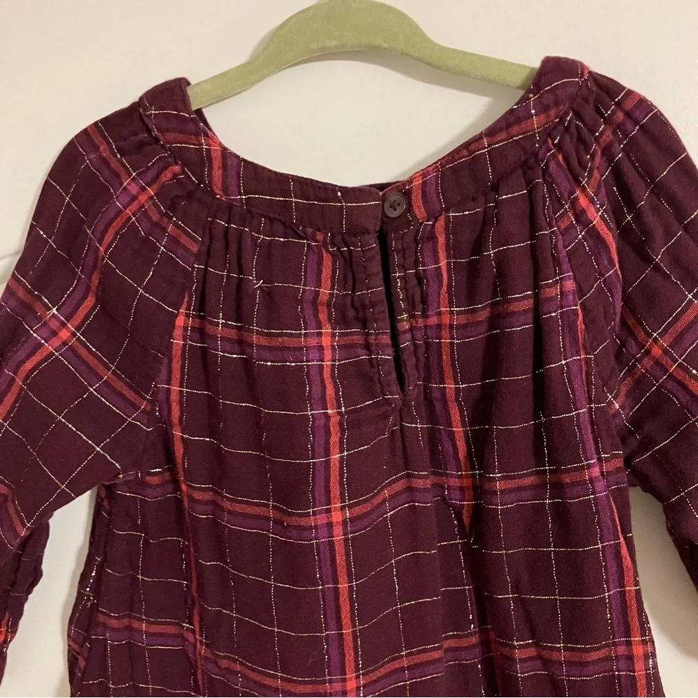 Old‎ Navy Girl’s Sz 4T Burgundy & Gold Metallic-Plaid Swing Dress 3/4 Sleeves